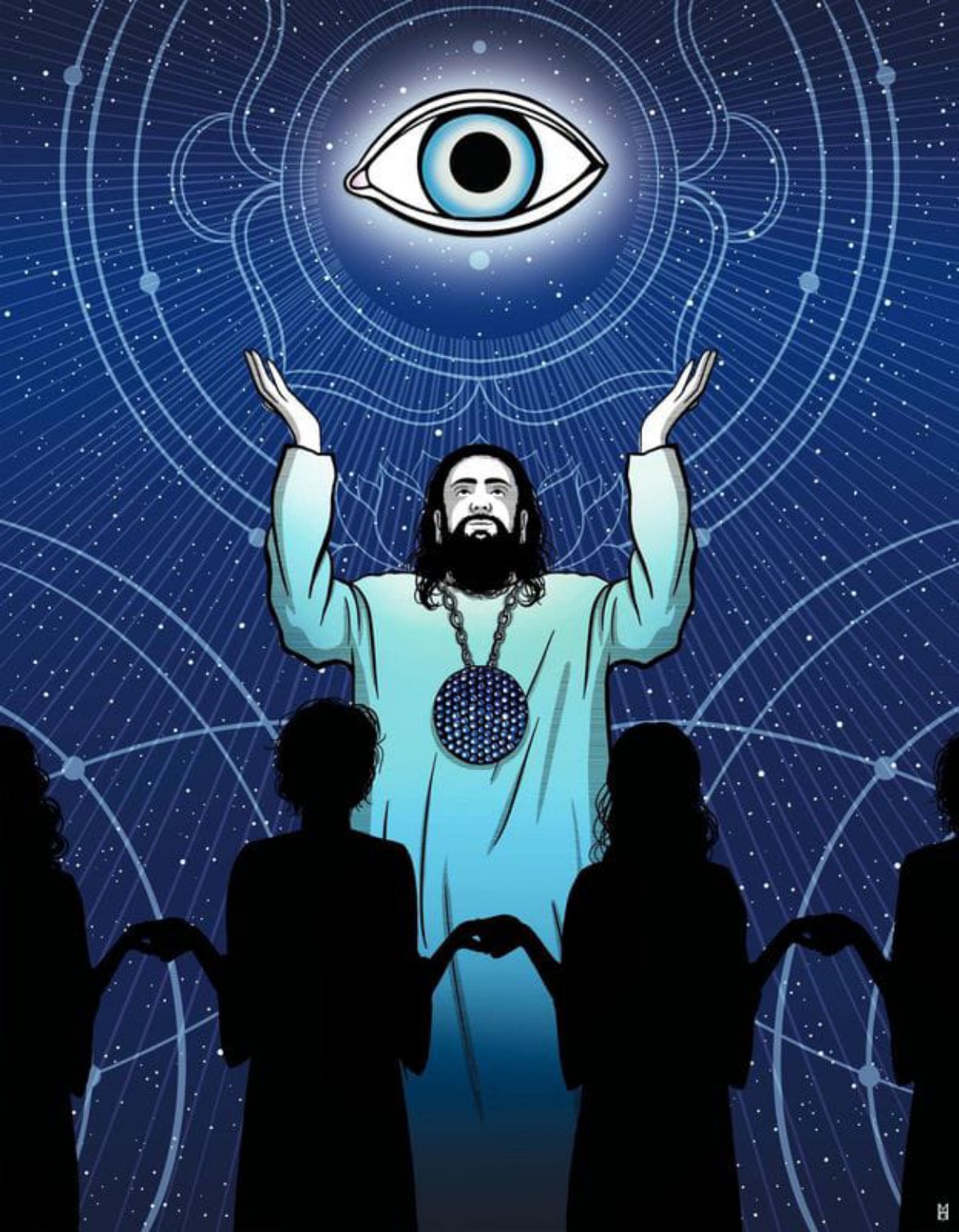 Illustration d’un rassemblement sous un œil symbolique