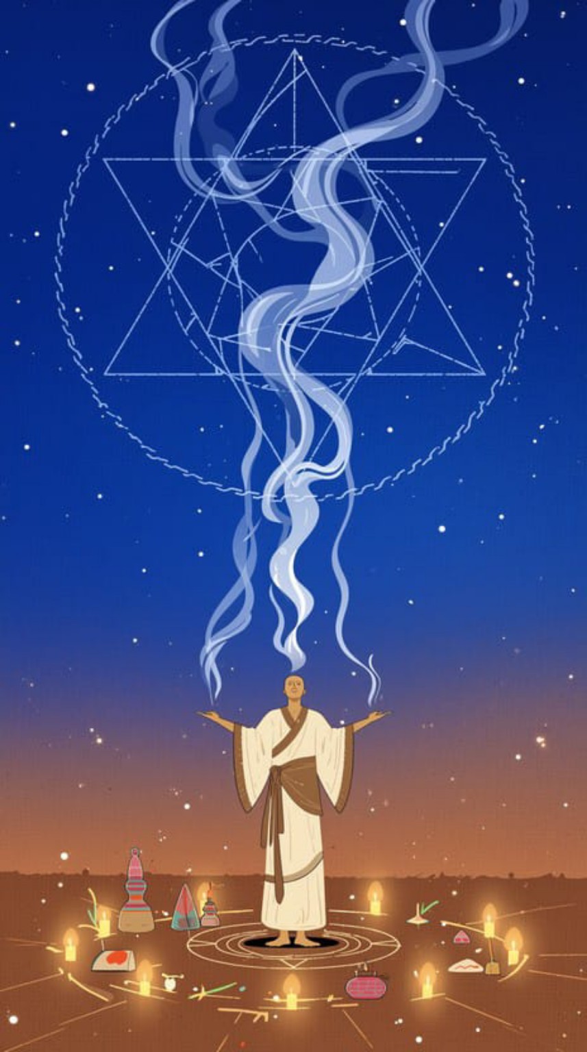 Illustration d’une cérémonie avec bougies et motifs géométriques