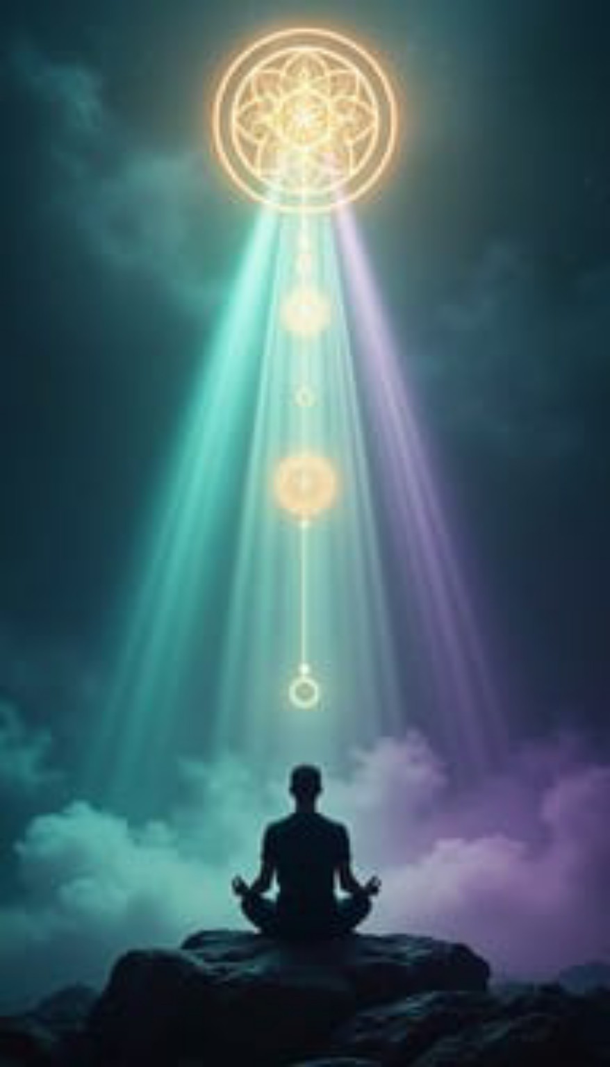 Une silhouette médite sous des rayons colorés