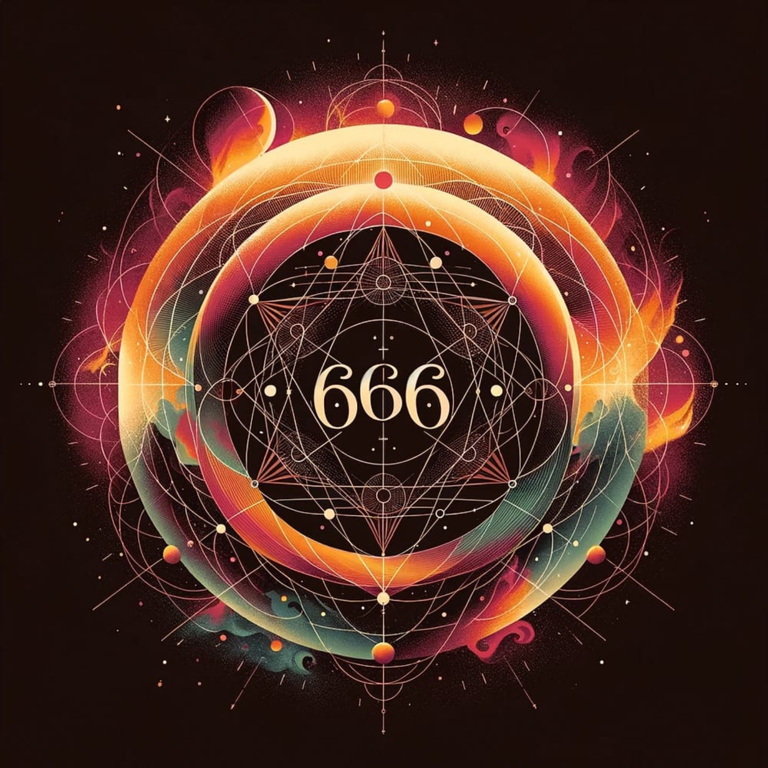 Le nombre 666 au centre de cercles et de motifs colorés